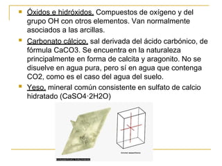  Óxidos e hidróxidos. Compuestos de oxígeno y del
grupo OH con otros elementos. Van normalmente
asociados a las arcillas.


Carbonato cálcico. sal derivada del ácido carbónico, de
fórmula CaCO3. Se encuentra en la naturaleza
principalmente en forma de calcita y aragonito. No se
disuelve en agua pura, pero sí en agua que contenga
CO2, como es el caso del agua del suelo.
Yeso. mineral común consistente en sulfato de calcio
hidratado (CaSO4·2H2O)
 