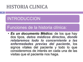 HISTORIA CLINICA
34
INTRODUCCION
Funciones de la historia clínica:
• Es un documento Médico: de los que hay
dos tipos, datos médicos directos, donde
relataremos todo lo concerniente a las
enfermedades previas del paciente, los
signos vitales del paciente y todo lo que
consideremos de interés en cada una de las
visitas que el paciente nos haga.
 