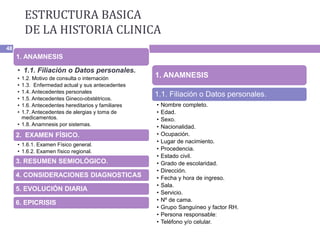 ESTRUCTURA BASICA
DE LA HISTORIA CLINICA
48
1. ANAMNESIS
1.1. Filiación o Datos personales.
• Nombre completo.
• Edad.
• Sexo.
• Nacionalidad.
• Ocupación.
• Lugar de nacimiento.
• Procedencia.
• Estado civil.
• Grado de escolaridad.
• Dirección.
• Fecha y hora de ingreso.
• Sala.
• Servicio.
• Nº de cama.
• Grupo Sanguíneo y factor RH.
• Persona responsable:
• Teléfono y/o celular.
1. ANAMNESIS
• 1.1. Filiación o Datos personales.
• 1.2. Motivo de consulta o internación
• 1.3. Enfermedad actual y sus antecedentes
• 1.4. Antecedentes personales
• 1.5. Antecedentes Gineco-obstétricos.
• 1.6. Antecedentes hereditarios y familiares
• 1.7. Antecedentes de alergias y toma de
medicamentos.
• 1.8. Anamnesis por sistemas.
2. EXAMEN FÍSICO.
• 1.6.1. Examen Físico general.
• 1.6.2. Examen físico regional.
3. RESUMEN SEMIOLÓGICO.
4. CONSIDERACIONES DIAGNOSTICAS
5. EVOLUCIÓN DIARIA
6. EPICRISIS
 