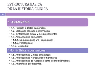 ESTRUCTURA BASICA
DE LA HISTORIA CLINICA
91
1. ANAMNESIS
• 1.1. Filiación o Datos personales.
• 1.2. Motivo de consulta o internación
• 1.3. Enfermedad actual y sus antecedentes
• 1.4. Antecedentes personales
• 1.4.1. No patológicos y/o Fisiológicos:
• 1.4.2. Patológicos :
• 1.4.3. De medio:
1.4.4. Hábitos y costumbres:
• 1.5. Antecedentes Gineco-obstétricos.
• 1.6. Antecedentes Hereditarios y Familiares
• 1.7. Antecedentes de Alergias y toma de medicamentos.
• 1.8. Anamnesis por sistemas.
 