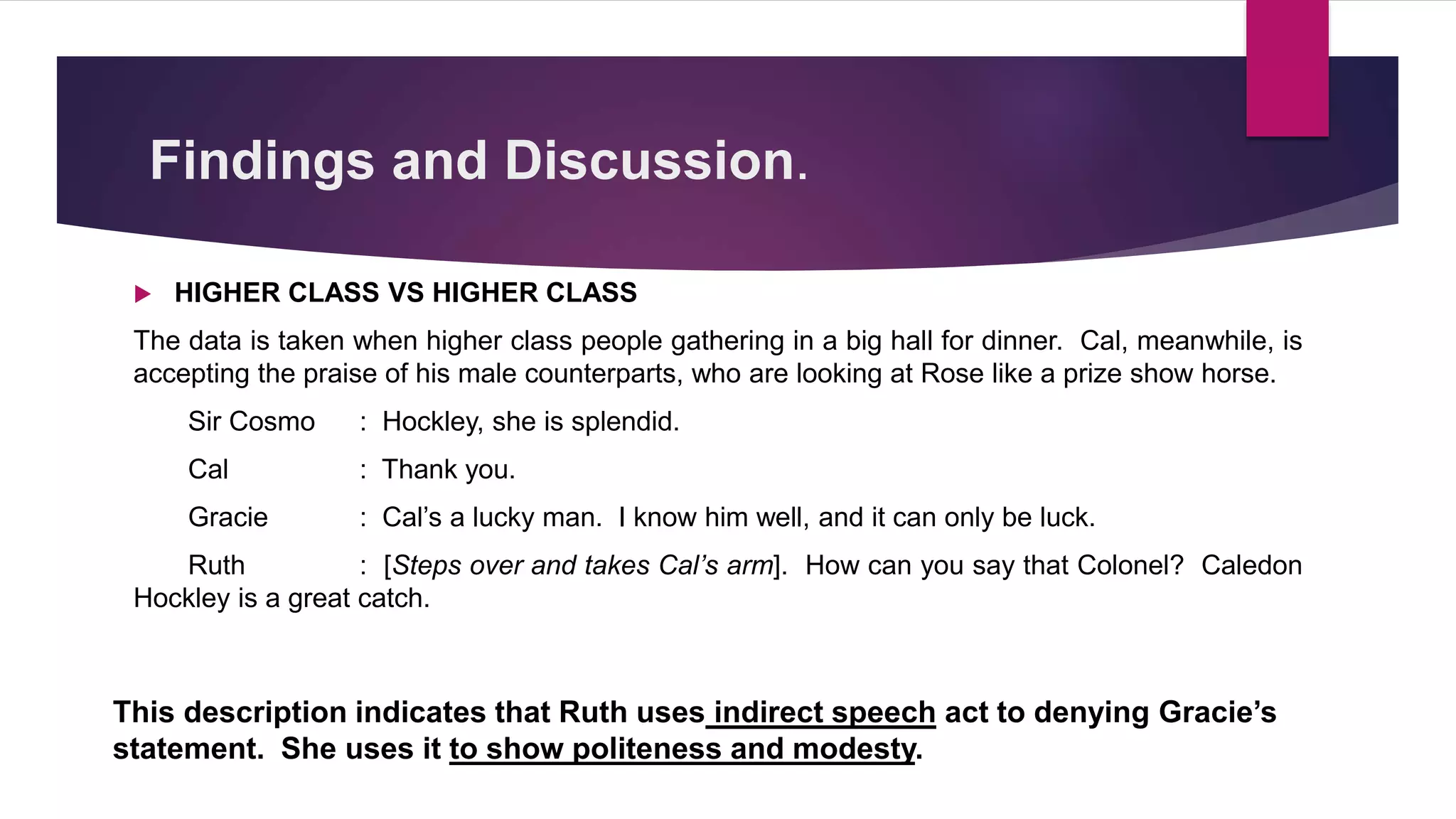 Findings and Discussion.
 HIGHER CLASS VS HIGHER CLASS
The data is taken when higher class people gathering in a big hall for dinner. Cal, meanwhile, is
accepting the praise of his male counterparts, who are looking at Rose like a prize show horse.
Sir Cosmo : Hockley, she is splendid.
Cal : Thank you.
Gracie : Cal’s a lucky man. I know him well, and it can only be luck.
Ruth : [Steps over and takes Cal’s arm]. How can you say that Colonel? Caledon
Hockley is a great catch.
This description indicates that Ruth uses indirect speech act to denying Gracie’s
statement. She uses it to show politeness and modesty.
 