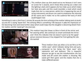 This medium close up shot stood out to me because it isn’t even
on screen for 1 second, and it shows Nina coming out a door and
the lighting is dark and it appears she has make up on which makes
her look very pale and this could resemble a mask which could
imply that she is a new person, whilst this is happening the use of
string instruments and drums are used to emphasise the intensity
of the scene and it makes me as the audience feel wary of what
could happen next
Something to note is that from 1 minute 36 seconds the faint echoing of the mother talking starts to build
up and she is saying ‘Sweet Girl’. The echoing effect is something I like because it adds the impression of
her becoming more and more further away which could imply that the daughter is becoming distant from
her mother and the ‘sweet girl’ she once was
This medium long shot shows us Nina in front of the mirror and
her wearing white. She continues to smash and break the mirror
and I think this indicates that she doesn’t want to be the ‘good’
person anymore because it has stopped her from getting the role
she wanted
These medium close ups allow us to see Nina as the
‘white swan’ which indicates being kind and pure,
compared to her being the ‘black swan’ who
represents evil and darkness. This is impactful
because we get to see the transformation she has
made and off screen the mother is shouting ‘My
sweet girl! She’s gone’ and this implies that she is
now a different person
 