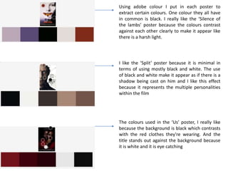 Using adobe colour I put in each poster to
extract certain colours. One colour they all have
in common is black. I really like the ‘Silence of
the lambs’ poster because the colours contrast
against each other clearly to make it appear like
there is a harsh light.
I like the ‘Split’ poster because it is minimal in
terms of using mostly black and white. The use
of black and white make it appear as if there is a
shadow being cast on him and I like this effect
because it represents the multiple personalities
within the film
The colours used in the ‘Us’ poster, I really like
because the background is black which contrasts
with the red clothes they're wearing. And the
title stands out against the background because
it is white and it is eye catching
 