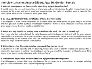 Interview 1: Name: Angela Gilbert, Age: 50, Gender: Female
1. What do you expect to see from a trailer advertising a psychological thriller?
‘I would expect to see an introduction of characters and an introduction the plot. I would want to be
intrigued by the trailer and have it stand out amongst other film trailers. I wouldn’t want to have the film
spoilt by the trailer so not to have too much given away’
2. Do you prefer the trailer to be full of action or have it be more subtle
‘I would prefer it to be subtle rather than full of action because I don’t want it all given away in the trailer
and then go watch the film but have already seen most of it. I think it is more effective if the whole plot isn’t
given away because it entices you to go see the film’
3. When watching a trailer do you pay more attention to the music, the shots or the editing?
‘I pay more attention to the shots of the trailer because again it entices me into it and with the shots you get
to establish characters and the scenarios and you have the opportunity to see from someone else's point of
view depending on the type of shots they use. Although I think the music plays a crucial part in the trailer
because it helps build anticipation and suspense’
4. When it comes to a film poster what do you expect they have on them?
‘I would want it to be colourful and eye catching, I would also want to see the release date because this is
informative to whoever is looking. I like the idea of having only one of the characters on there because if the
poster is too busy it can be off putting and a little confusing’
5. What colours do you think are associated with a psychological thriller poster?
‘I would expect to see red, black and blue because the connotations to these colours are danger and they
give off a sense of coldness and a depressing feeling is created’
 