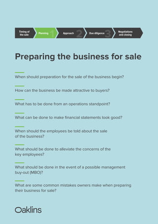 Preparing the business for sale
When should preparation for the sale of the business begin?
How can the business be made attractive to buyers?
What has to be done from an operations standpoint?
What can be done to make ﬁnancial statements look good?
When should the employees be told about the sale
of the business?
What should be done to alleviate the concerns of the
key employees?
What should be done in the event of a possible management
buy-out (MBO)?
What are some common mistakes owners make when preparing
their business for sale?
1 2 3Approach Due diligence
Negotiations
and closing
Planning
Timing of
the sale
 