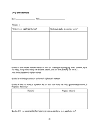 38
Group 2 Questionnaire
Name _______________________ Table_______________________________
Question 1:
What were you exporting and where? What would you like to export and where?
Question 2: What were the main difficulties due to which you have stopped exporting (e.g. access to finance, inputs,
and energy; finding clients; dealing with standards, customs, taxes and tariffs; exchange rate risk etc.)?
Note: Please use additional pages if required.
Question 3: What has prevented you to enter more sophisticated markets?
Question 4: What was the nature of problems that you faced when dealing with various government departments, in
the process of exporting?
Problems Proposed Solutions
Question 5: Do you see competition from foreign enterprises as a challenge or an opportunity, why?
 