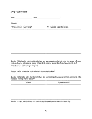 40
Group 4 Questionnaire
Name _______________________ Table_______________________________
Question 1:
Which service are you providing? Are you able to export this service?
Question 2: What are the main constraints that you face when exporting or trying to export (e.g. access to finance,
inputs, and energy; finding clients; dealing with standards, customs, taxes and tariffs; exchange rate risk etc.)?
Note: Please use additional pages if required.
Question 3: What is preventing you to enter more sophisticated markets?
Question 4: What is the nature of problems that you face when dealing with various government departments, in the
process of exporting or trying to export?
Problems Proposed Solutions
Question 5: Do you see competition from foreign enterprises as a challenge or an opportunity, why?
 