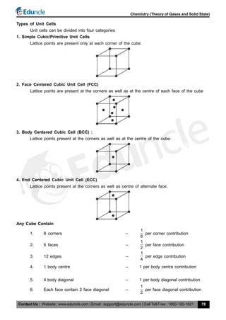 Contact Us : Website : www.eduncle.com | Email : support@eduncle.com | Call Toll Free : 1800-120-1021
Chemistry (Theory of Gases and Solid State)
78
Types of Unit Cells
Unit cells can be divided into four categories
1. Simple Cubic/Primitive Unit Cells
Lattice points are present only at each corner of the cube.
2. Face Centered Cubic Unit Cell (FCC)
Lattice points are present at the corners as well as at the centre of each face of the cube
3. Body Centered Cubic Cell (BCC) :
Lattice points present at the corners as well as at the centre of the cube.
4. End Centered Cubic Unit Cell (ECC)
Lattice points present at the corners as well as centre of alternate face.
Any Cube Contain
1. 8 corners –
1
8
per corner contribution
2. 6 faces –
1
2
per face contribution
3. 12 edges –
1
4
per edge contribution
4. 1 body centre – 1 per body centre contribution
5. 4 body diagonal – 1 per body diagonal contribution
6. Each face contain 2 face diagonal –
1
2
per face diagonal contribution
 
