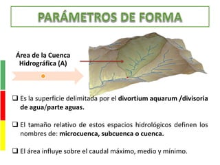 Área de la Cuenca
Hidrográfica (A)
 Es la superficie delimitada por el divortium aquarum /divisoria
de agua/parte aguas.
 El tamaño relativo de estos espacios hidrológicos definen los
nombres de: microcuenca, subcuenca o cuenca.
 El área influye sobre el caudal máximo, medio y mínimo.
 