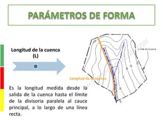 Longitud de la cuenca
(L)
Longitud de la cuenca
Es la longitud medida desde la
salida de la cuenca hasta el límite
de la divisoria paralela al cauce
principal, a lo largo de una línea
recta.
 