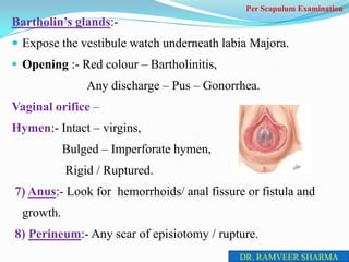 Gynaecological Examination, Per scapulum examination, Pelvic ...
