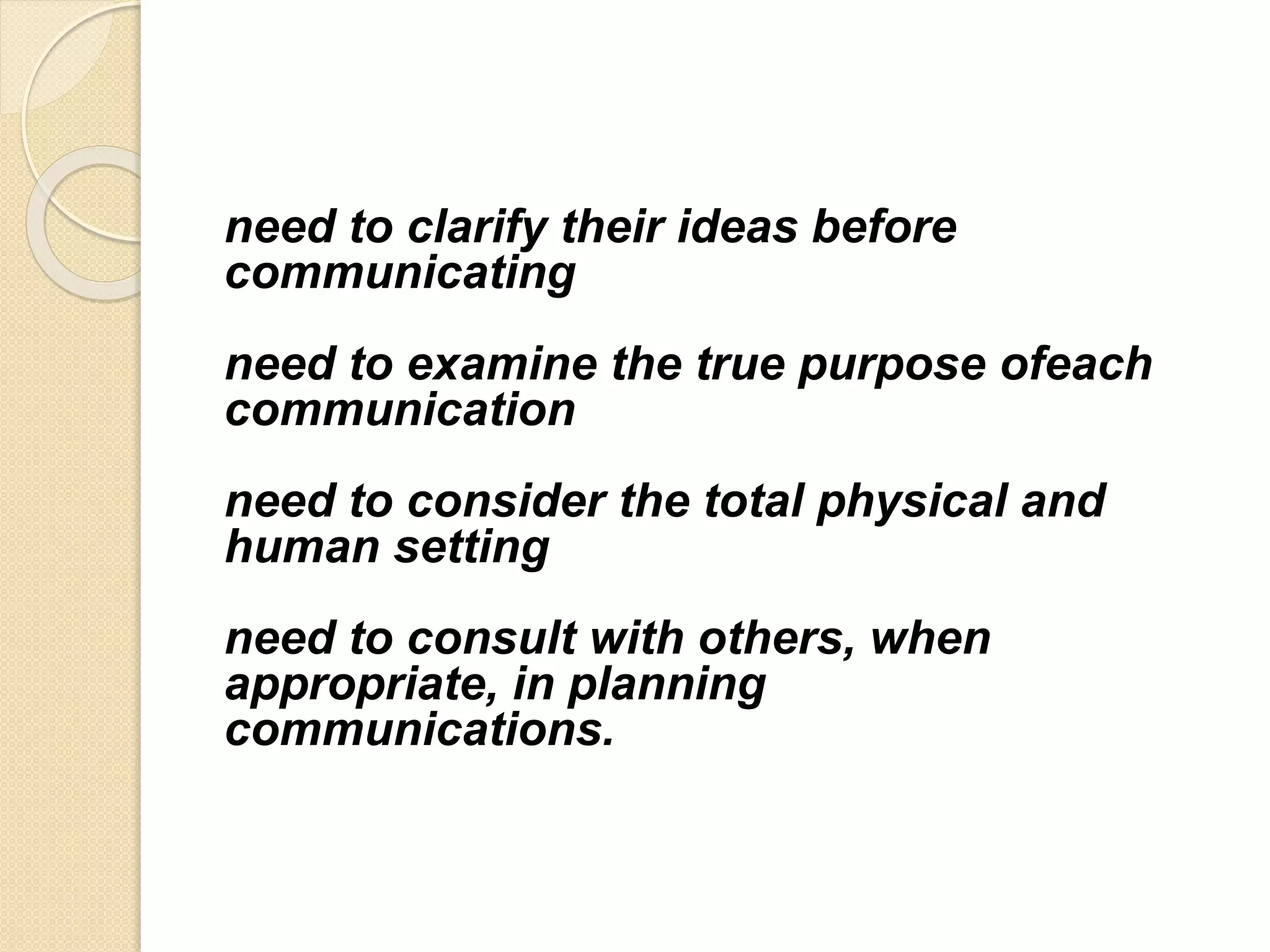 need to clarify their ideas before
communicating
need to examine the true purpose ofeach
communication
need to consider the total physical and
human setting
need to consult with others, when
appropriate, in planning
communications.
 
