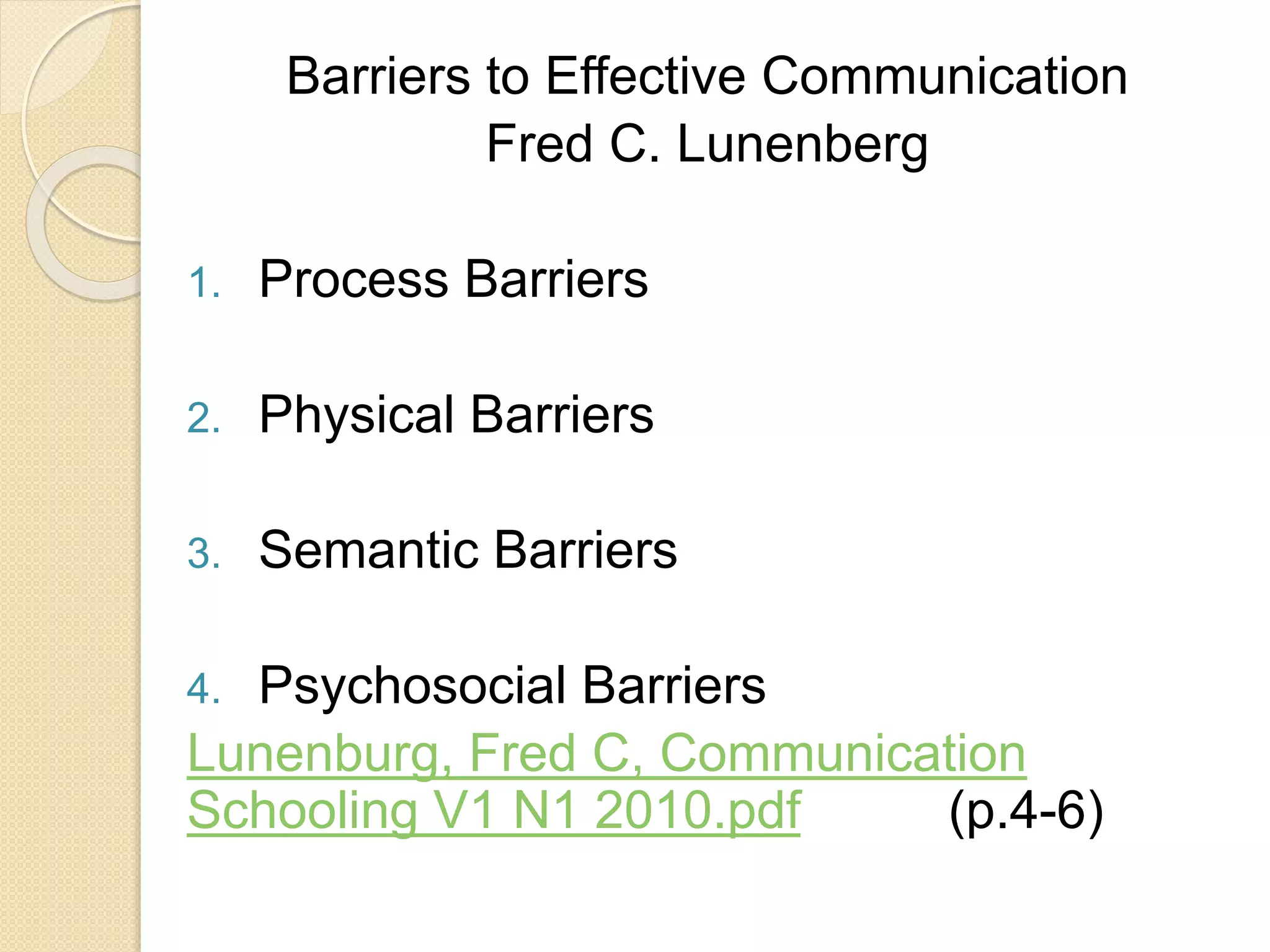 Barriers to Effective Communication
Fred C. Lunenberg
1. Process Barriers
2. Physical Barriers
3. Semantic Barriers
4. Psychosocial Barriers
Lunenburg, Fred C, Communication
Schooling V1 N1 2010.pdf (p.4-6)
 