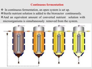 Continuous fermentation
 In continuous fermentation, an open system is set up.
Sterile nutrient solution is added to the bioreactor continuously.
And an equivalent amount of converted nutrient solution with
microorganisms is simultaneously removed from the system.
 