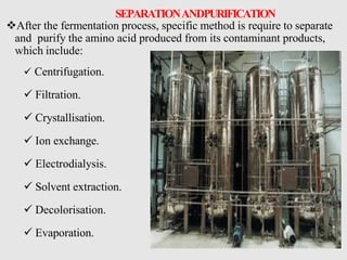 SEPARATIONANDPURIFICATION
After the fermentation process, specific method is require to separate
and purify the amino acid produced from its contaminant products,
which include:
 Centrifugation.
 Filtration.
 Crystallisation.
 Ion exchange.
 Electrodialysis.
 Solvent extraction.
 Decolorisation.
 Evaporation.
 