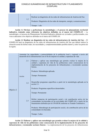 CONSEJO SURAMERICANO DE INFRAESTRUCTURA Y PLANEAMIENTO
(COSIPLAN)
6 de 15
1.2
Realizar un diagnóstico de las redes de infraestructura de América del Sur.
Producto: Diagnóstico de las redes de transporte, energía y comunicaciones.
Tiempo: 1 año
Acción 1.1 Revisar y perfeccionar la metodología y el proceso de planeamiento territorial
indicativo, teniendo como referencia los objetivos definidos en el marco del COSIPLAN – La
metodología y el proceso de Planeamiento Territorial Indicativo deberán ser revisados y perfeccionados, con
vista a adecuarse a los objetivos definidos en el marco del COSIPLAN.
Acción 1.2 Realizar un diagnóstico de las redes de infraestructura de América del Sur – El
COSIPLAN hará un diagnóstico de las redes de infraestructura de América del Sur que deberá indicar la
situación actual de dichas redes, las necesidades y complementariedades posibles dentro y entre los países de
la región.
Objetivo 2
Aumentar las capacidades y potencialidades de la población local y regional a través del
desarrollo de la infraestructura con el fin de mejorar su calidad y esperanza de vida.
Acción
2.1
2.2
2.3
Elaborar y aplicar una metodología que permita evaluar la mejora de la
calidad y esperanza de vida de las poblaciones como consecuencia de la
implementación de los proyectos de infraestructura y recomendar acciones
futuras.
Producto: Metodología aplicada.
Tiempo: Permanente
Desarrollar programas específicos a partir de la metodología aplicada en la
acción 2.1.
Producto: Programas específicos desarrolados.
Tiempo: Permanente
Definir instancias de participación social y de contribución activa de las
comunidades involucradas en las actividades del COSIPLAN, a partir de los
lineamientos definidos por la UNASUR conforme su Tratado Constitutivo.
Producto: Metodología de participación social y de contribución activa de las
comunidades involucradas.
Tiempo: 2 años
Acción 2.1 Elaborar y aplicar una metodología que permita evaluar la mejora de la calidad y
esperanza de vida de las poblaciones como consecuencia de la implementación de los proyectos de
infraestructura y recomendar acciones futuras – La implementación de los proyectos de infraestructura
 