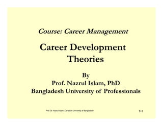Course: Career Management
Career Development
Theories
By
Prof. Nazrul Islam, PhD
Bangladesh University of Professionals
Theories
7-1Prof. Dr. Nazrul Islam, Canadian University of Bangladesh
 