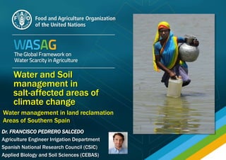 Water and Soil
management in
salt-affected areas of
climate change
Water management in land reclamation
Areas of Southern Spain
Dr. FRANCISCO PEDRERO SALCEDO
Agriculture Engineer Irrigation Department
Spanish National Research Council (CSIC)
Applied Biology and Soil Sciences (CEBAS)
 