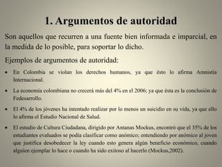 1. Argumentos de autoridad
Son aquellos que recurren a una fuente bien informada e imparcial, en
la medida de lo posible, para soportar lo dicho.
Ejemplos de argumentos de autoridad:
 En Colombia se violan los derechos humanos, ya que ésto lo afirma Amnistía
Internacional.
 La economía colombiana no crecerá más del 4% en el 2006; ya que ésta es la conclusión de
Fedesarrollo.
 El 4% de los jóvenes ha intentado realizar por lo menos un suicidio en su vida, ya que ello
lo afirma el Estudio Nacional de Salud.
 El estudio de Cultura Ciudadana, dirigido por Antanas Mockus, encontró que el 35% de los
estudiantes evaluados se podía clasificar como anómico; entendiendo por anómico al joven
que justifica desobedecer la ley cuando esto genera algún beneficio económico, cuando
alguien ejemplar lo hace o cuando ha sido exitoso al hacerlo (Mockus,2002).
 