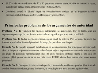  El 57% de los estudiantes de 5º y 9º grado no sienten pesar, o sólo lo sienten a veces,
cuando han tratado mal a otras personas (ICFES, 2004).
 Colombia ocupó el último lugar en conocimientos cívicos en el Segundo Estudio
Internacional de Educación Cívica (Restrepo y otros, 2002).
Principales problemas de los argumentos de autoridad
Problema No. 1: También las fuentes autorizadas se equivocan. Por lo tanto, que un
argumento provenga de una fuente autorizada no significa que sea cierto o infalible.
Problema No. 2: Todas las fuentes tienen algún nivel de interés. Por lo tanto, también las
fuentes autorizadas tienen algún nivel de sesgo, lo que eleva sus riesgos.
Ejemplo No. 1. Cuando apareció la televisión en los años treinta, los principales directores de
cine de la época le pronosticaron una vida efímera bajo el argumento de que sería absurdo que
un grupo de personas permanecieran más de unos minutos sentados frente a una caja de
madera. ¿Qué pensarían ahora en un país como EEUU, donde hay tantos televisores como
personas?
Ejemplo No. 2. Cualquier teoría validada por la comunidad científica es prueba fehaciente de
que las fuentes anteriores, ya sea la ciencia, la tecnología o el arte, estaban equivocadas.
 