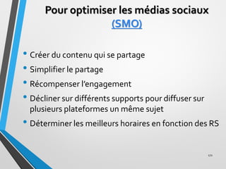 Pour optimiser les médias sociaux
(SMO)
• Créer du contenu qui se partage
• Simplifier le partage
• Récompenser l’engageme...
