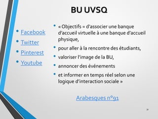 BU UVSQ
• Facebook
• Twitter
• Pinterest
• Youtube
31
Arabesques n°91
• « Objectifs = d’associer une banque
d’accueil virt...