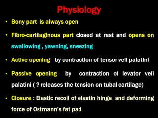 Physiology
• Bony part is always open
• Fibro-cartilaginous part closed at rest and opens on
swallowing , yawning, sneezing
• Active opening by contraction of tensor veli palatini
• Passive opening by contraction of levator veli
palatini ( ? releases the tension on tubal cartilage)
• Closure : Elastic recoil of elastin hinge and deforming
force of Ostmann’s fat pad
 