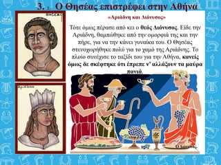 3. 2. Ο Θησέας επιστρέφει στην Αθήνα
«Αριάδνη και Διόνυσος»
Ο Διόνυσος.
Τότε όμως πέρασε από κει ο θεός Διόνυσος. Είδε την
Αριάδνη, θαμπώθηκε από την ομορφιά της και την
πήρε, για να την κάνει γυναίκα του. Ο Θησέας
στενοχωρήθηκε πολύ για το χαμό της Αριάδνης. Το
πλοίο συνέχισε το ταξίδι του για την Αθήνα, κανείς
όμως δε σκέφτηκε ότι έπρεπε ν’ αλλάξουν τα μαύρα
πανιά.
 