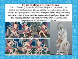 Τα κατορθώματα του Θησέα
Όταν ο Θησέας ξεκίνησε να πάει στην Αθήνα για να γνωρίσει τον
πατέρα του, δεν θέλησε να πάει με καράβι. Προτίμησε το δρόμο της
στεριάς που ήταν γεμάτος κινδύνους. Ξεπέρασε όλους τους κινδύνους
που συνάντησε, νίκησε πολλούς κακοποιούς, ληστές και άγρια ζώα
που τρομοκρατούσαν και σκότωναν ανθρώπους. Οι άνθρωποι
μπορούσαν να ταξιδεύουν πια ελεύθερα.
Ο Θησέας
Έργο του γλύπτη Γιώργου Βιτάλη.
Τα κατορθώματα του Θησέα.
 