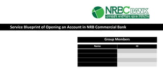 Name ID
Service Blueprint of Opening an Account in NRB Commercial Bank
Group Members
 