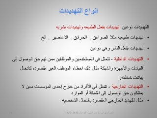‫التهديدات‬ ‫انواع‬
‫التهديدات‬‫نوعين‬‫تهديدات‬‫بفعل‬‫بشريه‬ ‫وتهديدات‬ ‫الطبيعه‬
•‫طبيعيه‬ ‫تهديدات‬‫الصواعق‬ ‫مثال‬..‫الحرائق‬..‫االعاصير‬..‫الخ‬
•‫تهديدات‬‫البشر‬ ‫بفعل‬‫وهي‬‫نوعين‬
•‫التهديدات‬‫الداخلية‬-‫ممن‬ ‫والموظفين‬ ‫المستخدمين‬ ‫في‬ ‫تتمثل‬‫لهم‬‫الو‬ ‫حق‬‫إلى‬ ‫صول‬
‫البيانات‬‫واألجهزة‬‫الغير‬ ‫الموظف‬ ‫اخطاء‬ ‫ذلك‬ ‫مثال‬ ‫والشبكة‬‫مقصوده‬‫كادخال‬
‫بيانات‬‫خاطئه‬.
•‫التهديدات‬‫الخارجية‬-‫ال‬ ‫ممن‬ ‫المؤسسات‬ ‫إحدى‬ ‫خارج‬ ‫من‬ ‫األفراد‬ ‫في‬ ‫تتمثل‬
‫الموارد‬ ‫أو‬ ‫الشبكة‬ ‫إلى‬ ‫الوصول‬ ‫حق‬ ‫يمتلكون‬
•‫مثال‬‫للتهديد‬‫بانتحال‬ ‫المقصود‬ ‫الخارجي‬‫الشخصيه‬
‫السيبراني‬ ‫األمن‬-‫م‬/‫البيلي‬ ‫أيمن‬-‫للتواصل‬77291544511
 