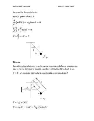 ARTURO MACEDO SILVA ANALISIS VIBRACIONAL
La ecuación de movimiento.
enada generalizada 𝜃
𝑑
𝑑𝑡
(𝑚𝑙2
𝜃̇) − 𝑚𝑔𝑙𝑠𝑒𝑛𝜃 = 0
𝑑2
𝜃
𝑑𝑡2
+
𝑔
𝑙
𝑠𝑒𝑛𝜃 = 0
𝜃̈ +
𝑔
𝑙
𝑠𝑒𝑛𝜃 = 0
Ejemplo
Considere el péndulo con resorte que se muestra en la figura y supóngase
que la fuerza del resorte es cero cuando el péndulo está vertical, o sea
𝜃 = 0 , un grado de libertad y la coordenada generalizada es 𝜃
𝑇 = 1
2⁄ 𝑚(𝑙𝜃̇)
2
𝑈 = 𝑚𝑔𝑙(1 − cos 𝜃) + 1
2⁄ 𝑘(𝑎 sin 𝜃)2
𝑘
𝑚
𝜃
𝜃
𝑙
𝑣
𝑚
𝑙𝑎
𝑚𝑔
 