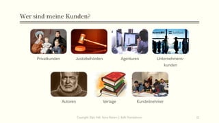 Wer sind meine Kunden?
Privatkunden Justizbehörden Agenturen Unternehmens-
kunden
Autoren Verlage Kursteilnehmer
Copiright: Dipl.-Hdl. Ilona Riesen | IloRi Translations 11
 