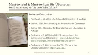 Must-to-read & Must-to-hear für Übersetzer
Zur Einstimmung auf die berufliche Zukunft
Bücher und Zeitschriften:
▪ Neidhardt et al., 2016, Überleben als Übersetzer, 3. Auflage
▪ Essrich, 2017, Positionierung als freiberuflicher Übersetzer
▪ Golms, 2014, Marketing für Dolmetscher und Übersetzer, 2.
Auflage
▪ Fachzeitschrift MDÜ des BDÜ (Bundesverband der
Dolmetscher und Übersetzer; https://bdue.de/der-
bdue/leistungen/mdue/einzelhefte-und-abo/)
▪ Fachzeitschrift Übersetzen des VdÜ (Verband der
Literaturübersetzer; https://zsue.de/)
Copyright: Dipl.-Hdl. Ilona Riesen | IloRi Translations 24
 
