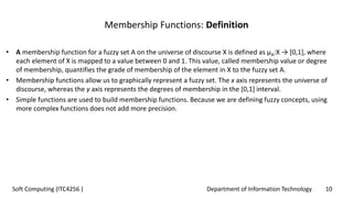 Department of Information Technology 10Soft Computing (ITC4256 )
Membership Functions: Definition
• A membership function for a fuzzy set A on the universe of discourse X is defined as µA:X → [0,1], where
each element of X is mapped to a value between 0 and 1. This value, called membership value or degree
of membership, quantifies the grade of membership of the element in X to the fuzzy set A.
• Membership functions allow us to graphically represent a fuzzy set. The x axis represents the universe of
discourse, whereas the y axis represents the degrees of membership in the [0,1] interval.
• Simple functions are used to build membership functions. Because we are defining fuzzy concepts, using
more complex functions does not add more precision.
 