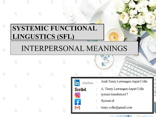 INTERPERSONAL MEANINGS
SYSTEMIC FUNCTIONAL
LINGUSTICS (SFL)
 