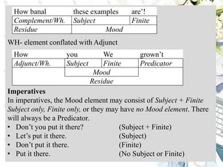 WH- element conflated with Adjunct
Imperatives
In imperatives, the Mood element may consist of Subject + Finite
Subject only, Finite only, or they may have no Mood element. There
will always be a Predicator.
• Don’t you put it there? (Subject + Finite)
• Let’s put it there. (Subject)
• Don’t put it there. (Finite)
• Put it there. (No Subject or Finite)
How banal these examples are’!
Complement/Wh. Subject Finite
Residue Mood
How you We grown’t
Adjunct/Wh. Subject Finite Predicator
Mood
Residue
 