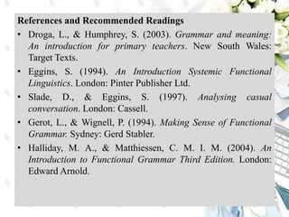 References and Recommended Readings
• Droga, L., & Humphrey, S. (2003). Grammar and meaning:
An introduction for primary teachers. New South Wales:
Target Texts.
• Eggins, S. (1994). An Introduction Systemic Functional
Linguistics. London: Pinter Publisher Ltd.
• Slade, D., & Eggins, S. (1997). Analysing casual
conversation. London: Cassell.
• Gerot, L., & Wignell, P. (1994). Making Sense of Functional
Grammar. Sydney: Gerd Stabler.
• Halliday, M. A., & Matthiessen, C. M. I. M. (2004). An
Introduction to Functional Grammar Third Edition. London:
Edward Arnold.
 