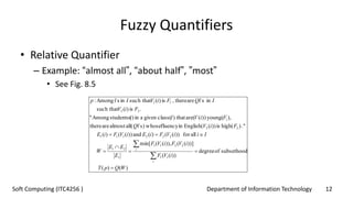 Department of Information Technology 12Soft Computing (ITC4256 )
Fuzzy Quantifiers
• Relative Quantifier
– Example: “almost all”, “about half”, ”most”
• See Fig. 8.5
)()(
subsethoodofdegree
))((
))](()),((min[
allfor))(()(and))(()(
.")high(is))(English(influencywhoses)i'all(almostarethere
),young())(are(that)class(givenain)students(Among"
.is)(such that
insi'arethere,is)(such thatinsi'Among:
11
2211
1
21
222111
22
1
22
11
WQpT
iVF
iVFiVF
E
EE
W
IiiVFiEiVFiE
FiVQ
FiVIi
FiV
IQFiVIp
i
i







 