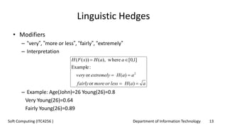 Department of Information Technology 13Soft Computing (ITC4256 )
Linguistic Hedges
• Modifiers
– “very”, ”more or less”, “fairly”, “extremely”
– Interpretation
– Example: Age(John)=26 Young(26)=0.8
Very Young(26)=0.64
Fairly Young(26)=0.89
aaHlessormorefairly
aaHextremelyvery
aaHxFH



)(or
)(or
:Example
]1,0[where),())((
2
 