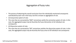 Department of Information Technology 17Soft Computing (ITC4256 )
Aggregation of fuzzy rules
• The process of obtaining the overall conclusion from the individually mentioned consequents
contributed by each rule in the fuzzy rule this is known as aggregation of rule.
• (1) Conjunctive system of rules
• The rules that are connected by “AND” connectives satisfy the connective system of rules. In this
case, the aggregated output may be found by the fuzzy intersection of all individual rule
consequents.
• (2) Disjunctive system of rules
• The rules that are connected by “OR” connectives satisfies the disjunctive system of rules. In this
case, the aggregated output may be found by the fuzzy union of all individual rule consequents
 