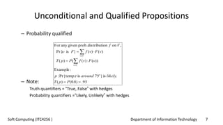 Department of Information Technology 7Soft Computing (ITC4256 )
Unconditional and Qualified Propositions
– Probability qualified
– Note:
Truth quantifiers = “True, False” with hedges
Probability quantifiers =“Likely, Unlikely” with hedges
.95)80()(
.is}75isPr{temp.:
:Example
))()(()(
)()(}isPr{
,onondistributiprob.givenanyFor







.PpT
likelyaroundtp
vFvfPpT
vFvfF
Vf
o
Vv
Vv

 