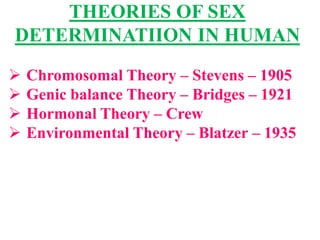 THEORIES OF SEX
DETERMINATIION IN HUMAN
 Chromosomal Theory – Stevens – 1905
 Genic balance Theory – Bridges – 1921
 Hormonal Theory – Crew
 Environmental Theory – Blatzer – 1935
 