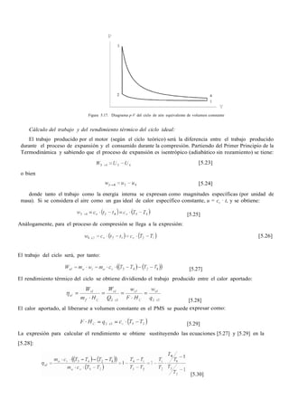 Figura 5.17. Diagrama p-V del ciclo de aire equivalente de volumen constante
Cálculo del trabajo y del rendimiento térmico del ciclo ideal:
El trabajo producido por el motor (según el ciclo teórico) será la diferencia entre el trabajo producido
durante el proceso de expansión y el consumido durante la compresión. Partiendo del Primer Principio de la
Termodinámica y sabiendo que el proceso de expansión es isentrópico (adiabático sin rozamiento) se tiene:
o bien
[5.23]
[5.24]
donde tanto el trabajo como la energía interna se expresan como magnitudes específicas (por unidad de
masa). Si se considera el aire como un gas ideal de calor específico constante, u = cv · t, y se obtiene:
[5.25]
Análogamente, para el proceso de compresión se llega a la expresión:
[5.26]
El trabajo del ciclo será, por tanto:
[5.27]
El rendimiento térmico del ciclo se obtiene dividiendo el trabajo producido entre el calor aportado:
[5.28]
El calor aportado, al liberarse a volumen constante en el PMS se puede expresar como:
[5.29]
La expresión para calcular el rendimiento se obtiene sustituyendo las ecuaciones [5.27] y [5.29] en la
[5.28]:
[5.30]
 
