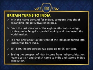 BRITAIN TURNS TO INDIA
 With the rising demand for indigo, company thought of
expanding indigo cultivation in Inda.
 From the last decades of the eighteenth century indigo
cultivation in Bengal expanded rapidly and dominated the
world market.
 In 1788 only about 30 per cent of the indigo imported into
Britain was from India.
 By 1810, the proportion had gone up to 95 per cent.
 Seeing the prospect of high income from indigo cultivation,
many Scottish and English came to India and started Indigo
prodcution.
 