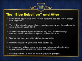 The “Blue Rebellion” and After
 Fed up with oppressive ryoti system peasants decided to not accept
loan anymore.
 This led to clash between planters and peasants when they refused to
grow indigo in March 1859.
 As rebellion spread ryots refused to pay rent, attacked indigo
factories armed with sword, spears, arrows and bows.
 Women too came out with kitchen implements.
 Planters boycotted, gomastas were beaten up.
 In many areas village headmen and zamindars mobilized indigo
peasants and fought pitched battle with lathiyals.
 Because zamindars were also not happy with planters.
 