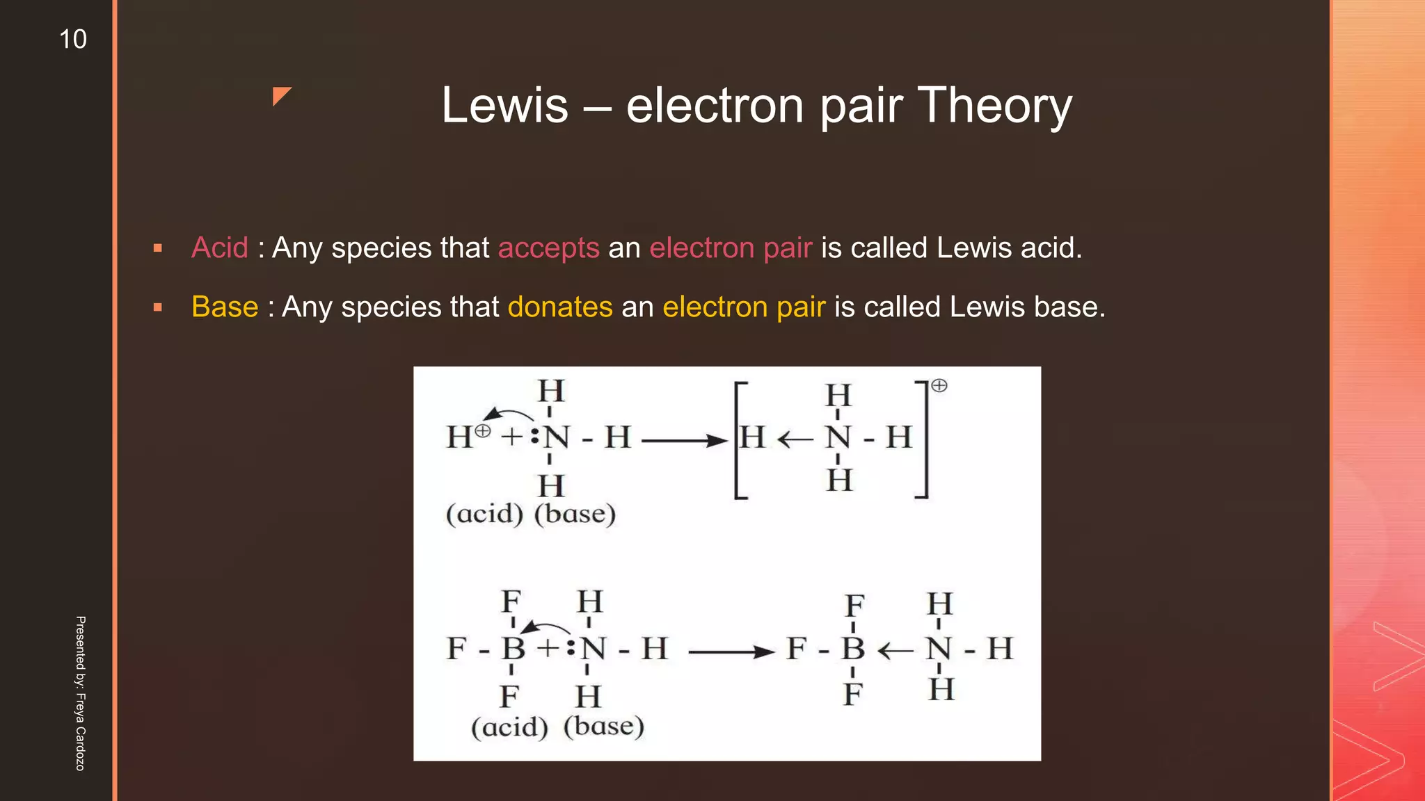 z
Lewis – electron pair Theory
 Acid : Any species that accepts an electron pair is called Lewis acid.
 Base : Any species that donates an electron pair is called Lewis base.
Presentedby:FreyaCardozo
10
 