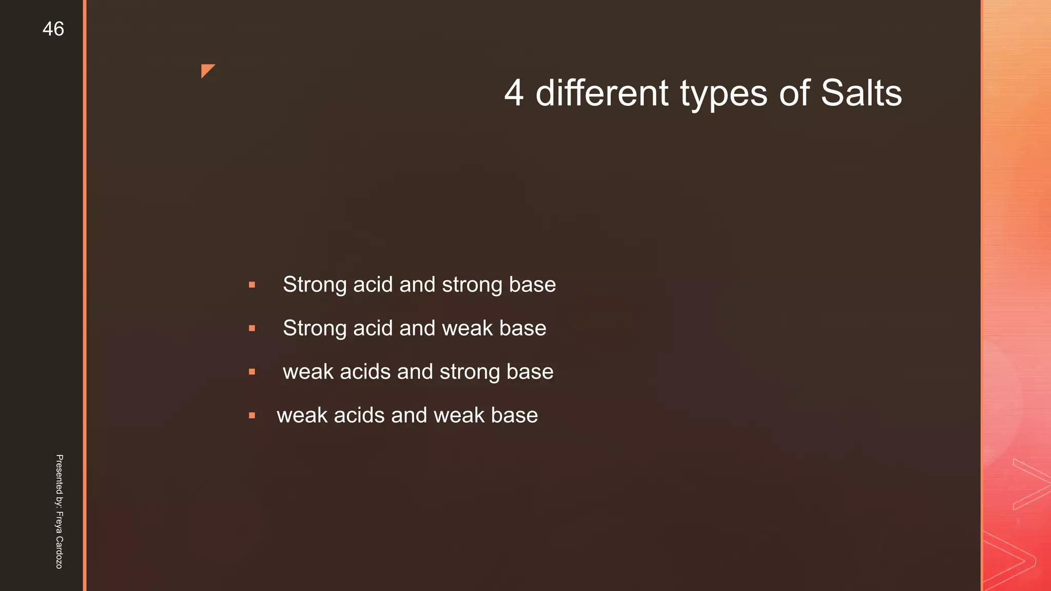 z
4 different types of Salts
 Strong acid and strong base
 Strong acid and weak base
 weak acids and strong base
 weak acids and weak base
Presentedby:FreyaCardozo
46
 