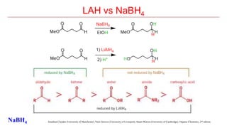 LAH vs NaBH4
Jonathan Clayden (University of Manchester), Nick Greeves (University of Liverpool), Stuart Warren (University of Cambridge); Organic Chemistry, 2nd edition.NaBH4
 