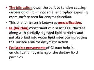 • The bile salts : lower the surface tension causing
dispersion of lipids into smaller droplets exposing
more surface area for enzymatic action.
• This phenomenon is known as emulsification.
• PL (lecithin) constituent of bile act as surfactant
along with partially digested lipid particles and
get absorbed into water lipid interface increasing
the surface area for enzymatic action
• Peristaltic movements of GI tract help in
emulsification by mixing of the dietary lipid
particles.
 